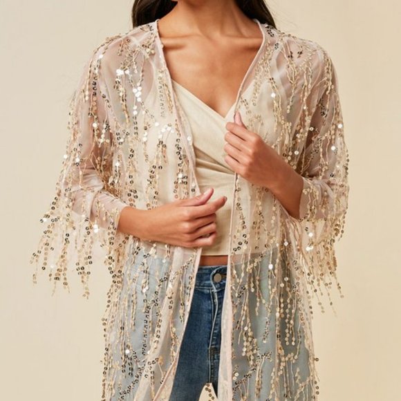 NEW HAYDEN SEQUIN cardigan cover up wrap BLACK or CHAMPANGE rocker party SM-3XL - Picture 6 of 8